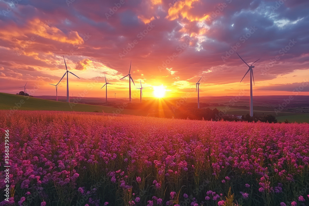 Obraz premium A vibrant sunset illuminates a field of blooming wildflowers, casting a warm glow upon a landscape dotted with wind turbines.