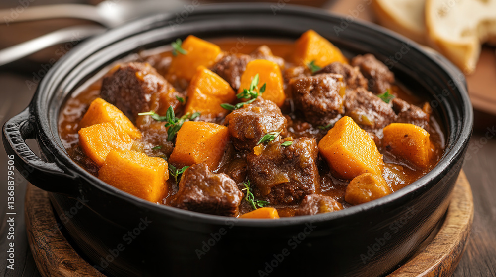 Hearty pumpkin stew with chunks of pumpkin, carrots, and herbs served in clay pot on rustic wooden table with fresh bread Hearty pumpkin stew with chunks of pumpkin, carrots, and herbs served in clay pot on rustic wooden table with fresh bread
