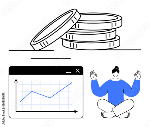 Stacked coins, upward chart, and a meditating person combine to highlight financial growth, focus, and balanced decision-making. Ideal for finance, mindfulness, strategy, investment growth
