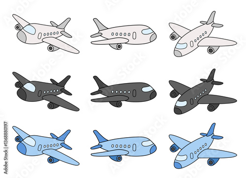 Cartoon Airplane Travel Clipart Set - Including White, Black and Blue Planes