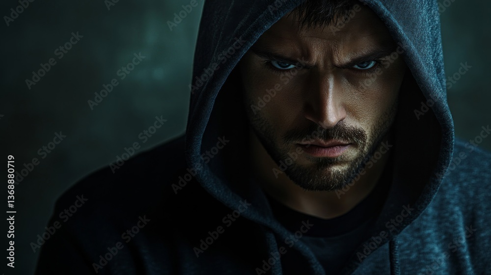 Intense Portrait of Sweaty Man with Hood with Strong Gaze on Dark Background Intense Portrait of Sweaty Man with Hood with Strong Gaze on Dark Background