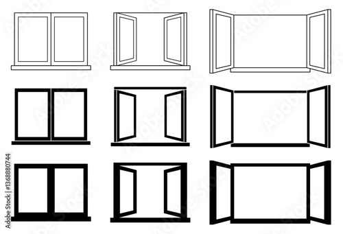 Cartoon Open and Closed Window Clipart in Transparent Outline and Silhouette Variations
