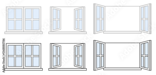 Cartoon Open and Closed Window Clipart with Mullions and Transparent Opening
