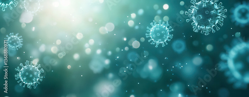 Glowing bacteria and viral particles floating in the air in a vibrant blue and green color palette for a medical concept