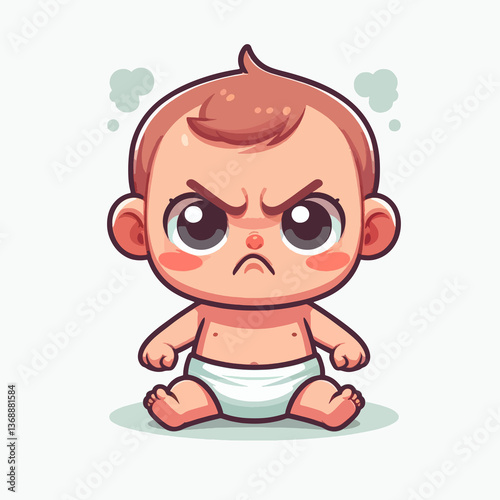 A cartoon baby with a frowning face and angry eyes
