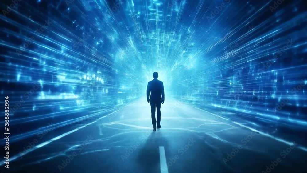 Businessman walks on artistic virtual digital network cyberspace road Businessman walks on artistic virtual digital network cyberspace road