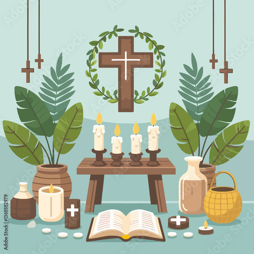 A religious scene with a cross, candles, and a book