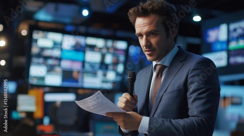 Wallpaper Mural Man in Blue Suit Holding a Microphone During News Broadcasting in Dark Studio Torontodigital.ca