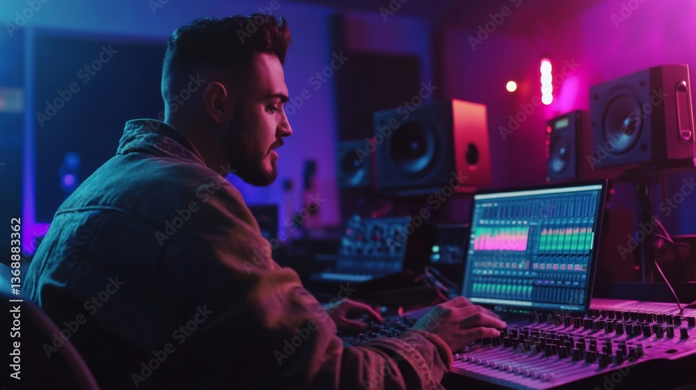 Man in Denim Jacket Working on Audio Mixer in Dark Room with Neon Lights Man in Denim Jacket Working on Audio Mixer in Dark Room with Neon Lights