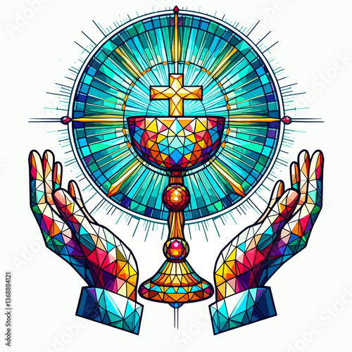 A colorful stained glass image of two hands holding a cup with a cross on it