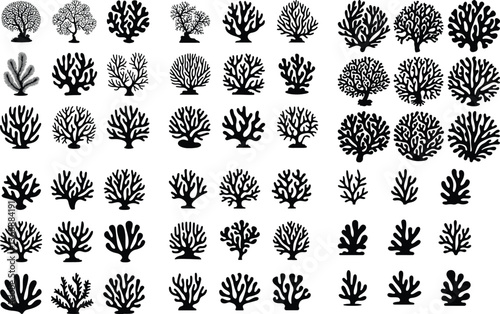 A cartoon marine floral set isolated on white background with seaweed silhouettes, coral black Seaweed silhouettes, coral black icon. Abstract organic shape, underwater plant, matisse element, set 