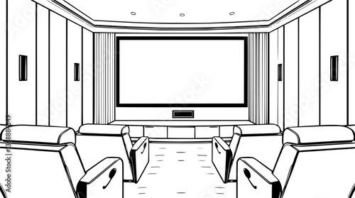 Outline of a home theater with recliner seats and large screen clean vector design.