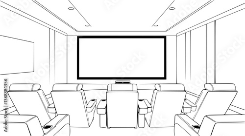 Outline of a home theater with recliner seats and large screen clean vector design.