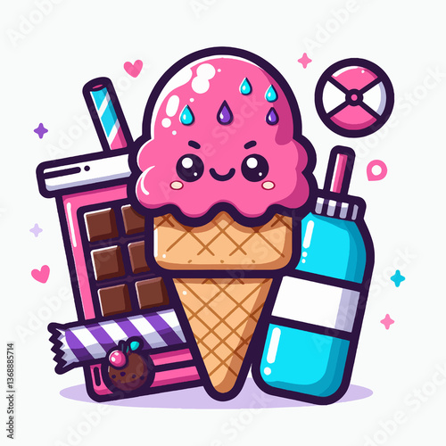 A cartoon drawing of a pink ice cream cone with a blue bottle of water
