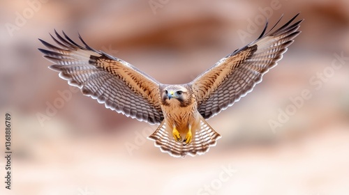 A raptorial bird soaring gracefully through the air.  Detailed view of its outstretched wings and feathered body.  Natural, desert-like backdrop