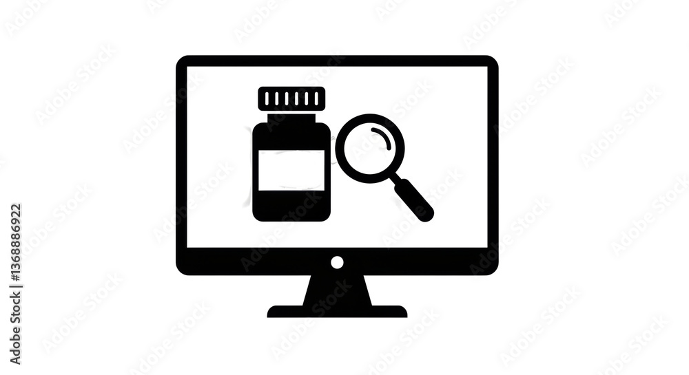 Isolated Computer Screen with Medicine Bottle and Magnifying Glass Icon Isolated Computer Screen with Medicine Bottle and Magnifying Glass Icon