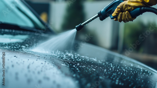 A detailed shot of a workerâs hands on a power washer trigger, spraying water against an outdoor vehicle, with beads of water running down its surface
