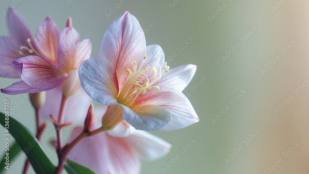 Fototapeta premium Pastel lily blooms with delicate petals, close up