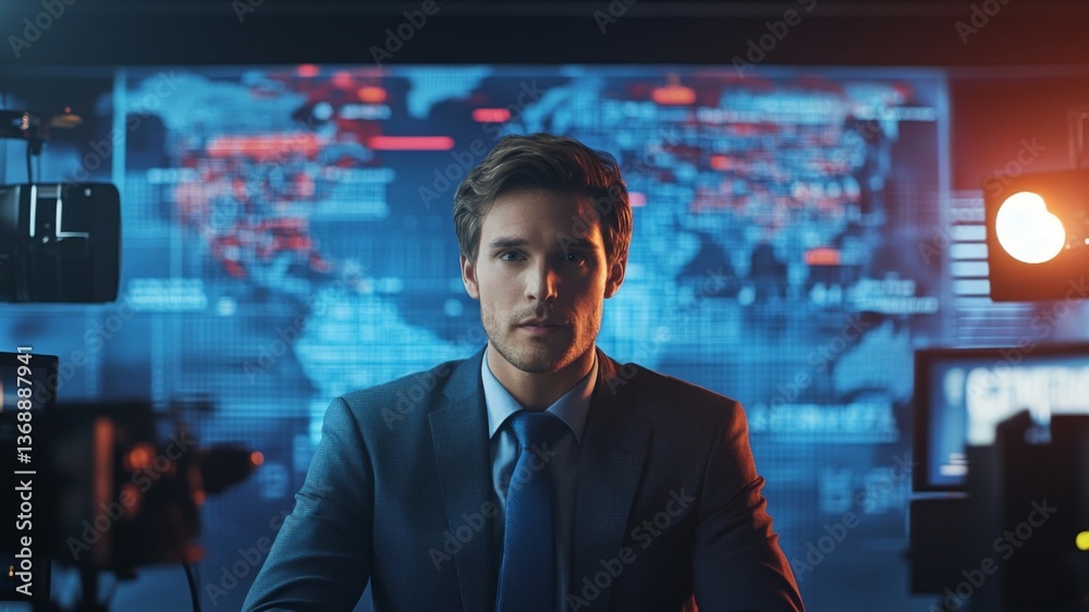 News Anchor Presenting Global Information With Digital World Map Displayed Behind In Studio News Anchor Presenting Global Information With Digital World Map Displayed Behind In Studio