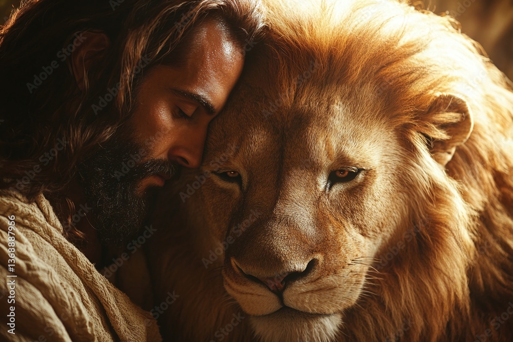 Naklejka premium Embracing the Majesty: A tender moment of connection as a man shares an intimate embrace with a majestic lion, captured in a close-up shot that speaks volumes.