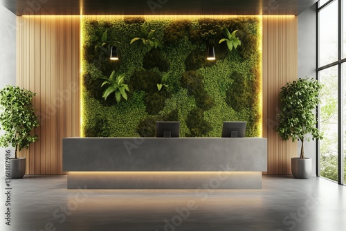 Modern hall interior with reception desk in hotel with wood panel and moss wall, concrete floor, fitness center front desk, 3d rendering