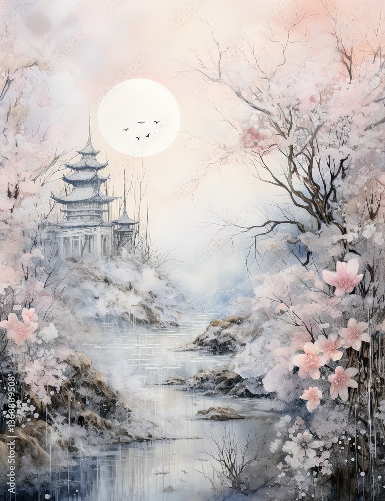 Fototapeta premium spring apple tree flowers bloom, vintage journal page, fantasy, enchanted forest and wildflowers,