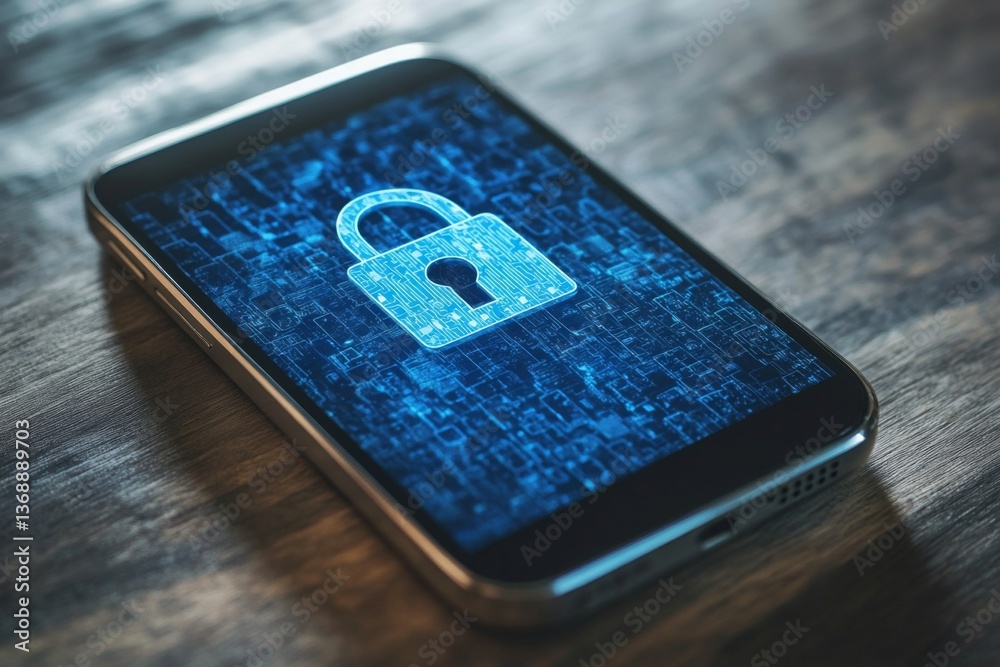 A smartphone rests on a wooden surface, featuring a glowing lock symbol on its screen, highlighting the importance of digital security Generative AI A smartphone rests on a wooden surface, featuring a glowing lock symbol on its screen, highlighting the importance of digital security Generative AI