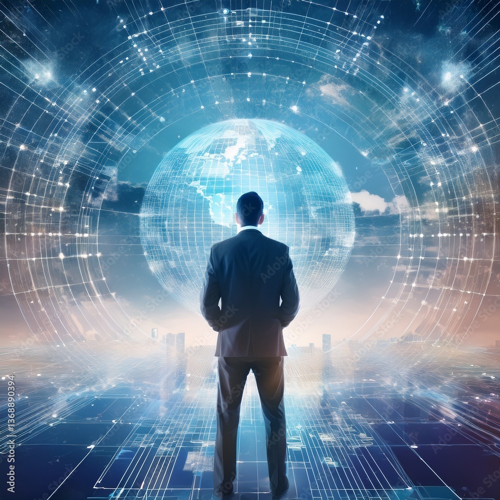 Obraz premium abstract illustration of man looking into the future of technology