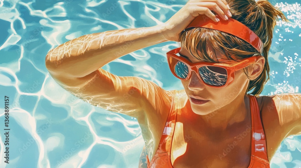 Fototapeta premium Portrait of a Young Woman with Orange Swimsuit and Sunglasses in Swimming Pool
