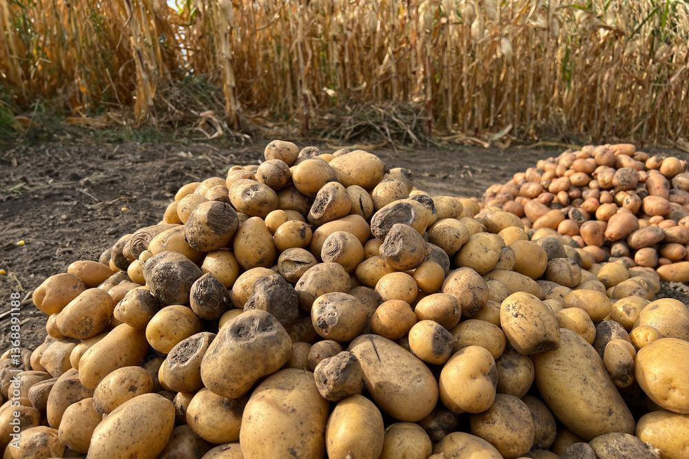 Damaged, spoiled potatoes, unhealthy vegetables. Sick, disease, late blight. Rotten harvest. Crop failure. Tuber affected by bacterial decay. Helminthosporium solani.