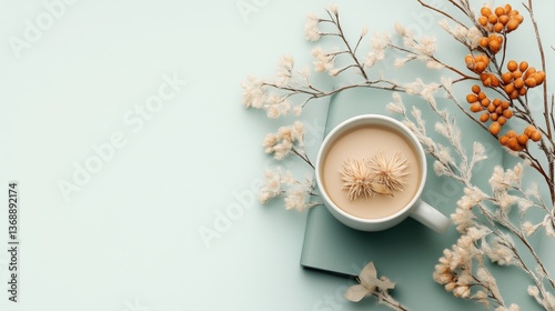 Muted tones, a cup of warm drink, and dried botanicals