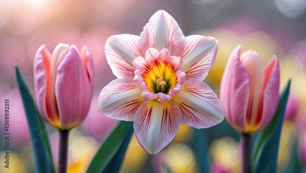 Fototapeta premium Pink and white tulips and a daffodil with a bokeh background