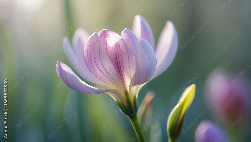 Fototapeta premium Pink crocus flower, illuminated by sunlight, delicate petals