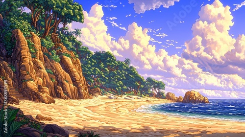 Sandy beach scene with cliffs, lush trees, ocean, and fluffy clouds under a bright blue sky