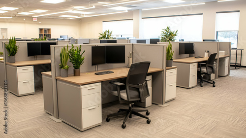 Clean modern office space featuring cubicles and natural light illumination