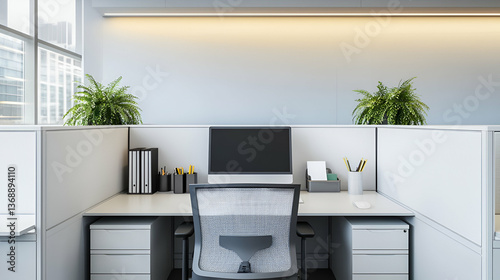 Modern office cubicle setup with greenery providing a tranquil workspace