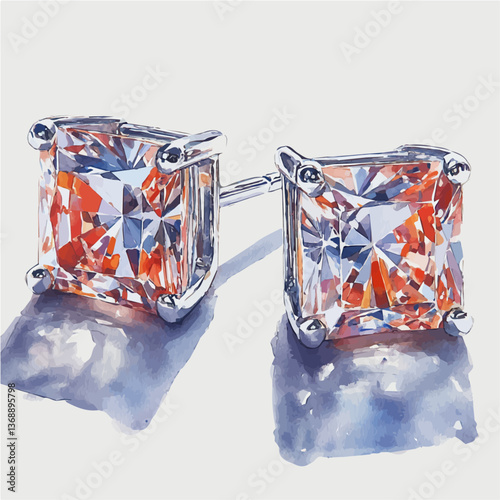 A watercolor vector of an artistic diamond stud earrings in modern style, isolated on a white background. artistic diamond stud earrings modern style vector

