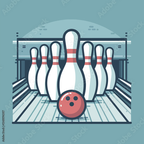 A cartoon of a bowling game with a red ball and white pins