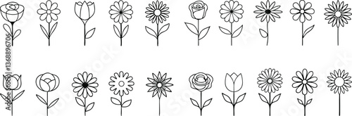 Set of 10 Minimalist Flower Line Art Illustrations – Hand Drawn Botanical Vector Collection