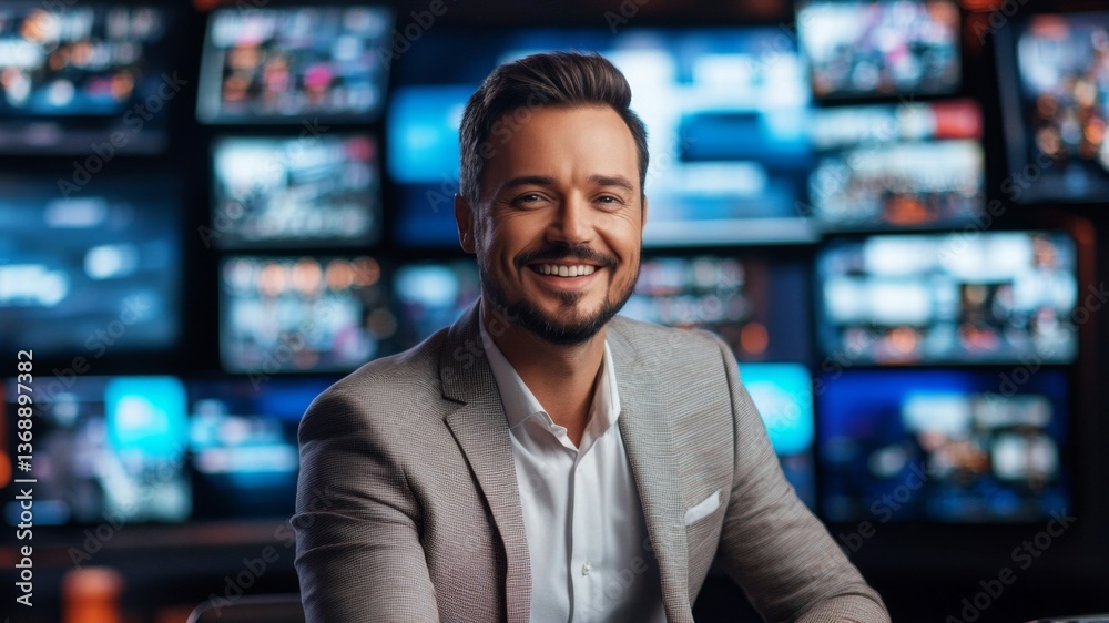 Smiling Man in Checkered Blazer at Broadcast Studio with Multiple Monitors Smiling Man in Checkered Blazer at Broadcast Studio with Multiple Monitors