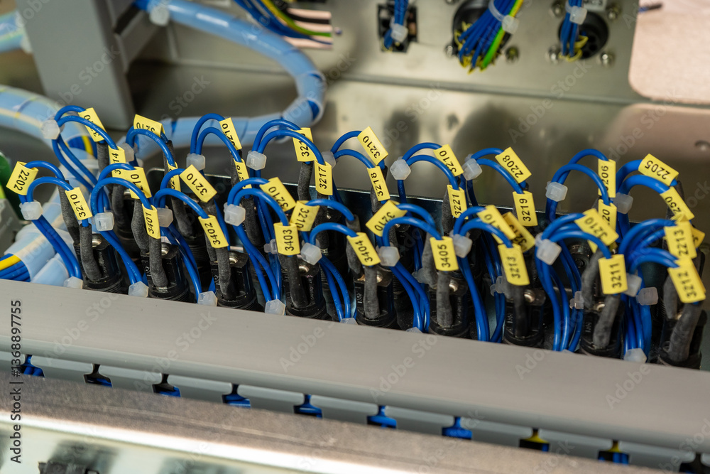 Fototapeta premium Blue wires with yellow labels connected to the fuse holders in the electric panel. 
