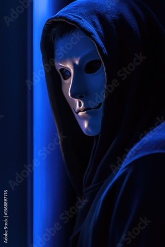 Mysterious figure in hooded cloak wearing white mask in dim blue light