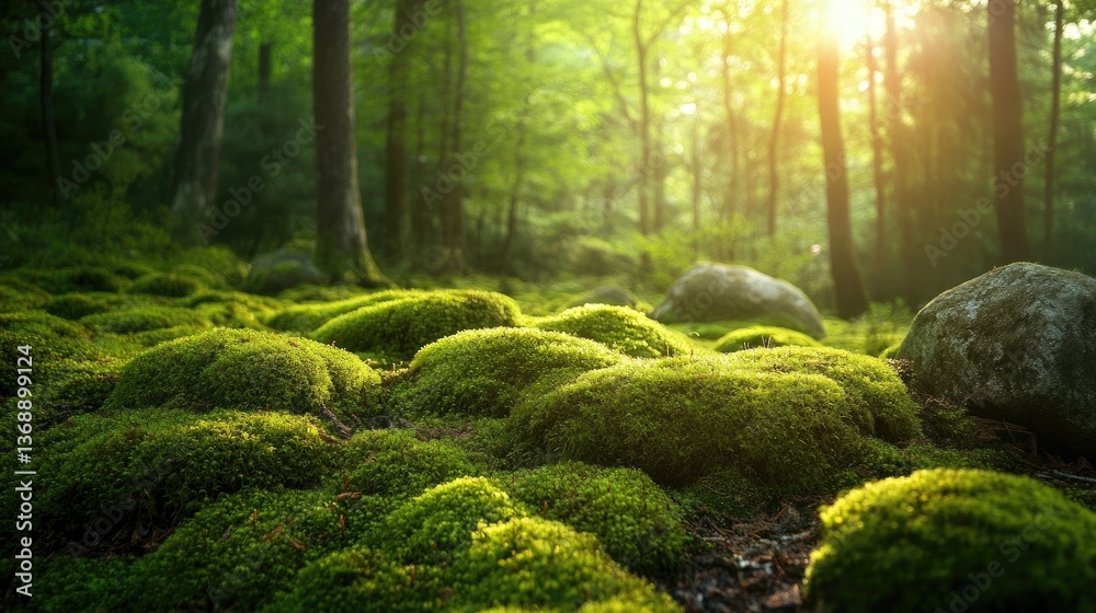 Lush green moss covering stones in a sunlit forest setting Lush green moss covering stones in a sunlit forest setting