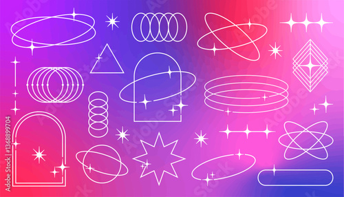 Boho and retro-inspired geometric line shapes with star sparkles and modern brutalist elements, perfect for digital graphics, stickers, and trendy web designs