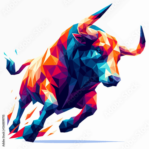 A colorful bull is running across a white background