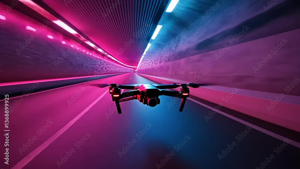 Drone Flight Through Neon Tunnel: Futuristic Aerial Photography