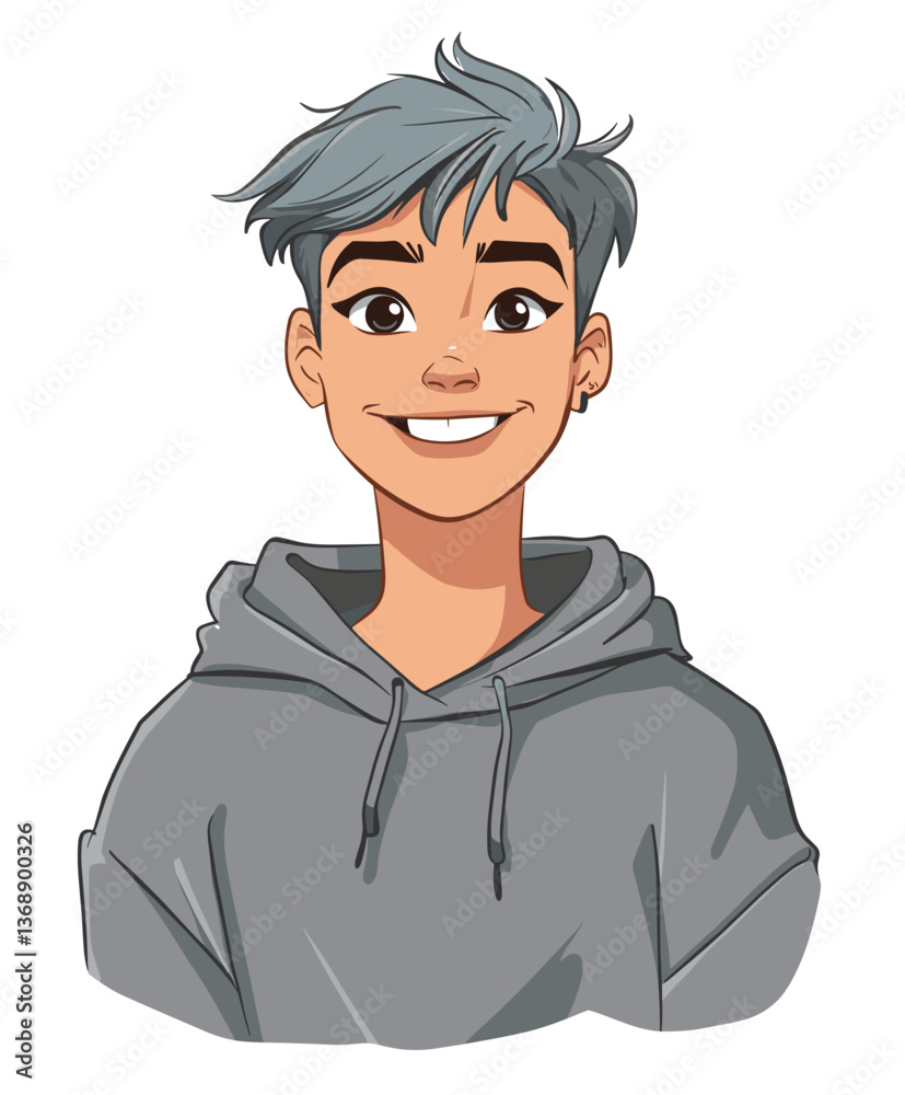 Trendy non-binary young person with short dyed hair smiles brightly in urban setting during a sunny afternoon Trendy non-binary young person with short dyed hair smiles brightly in urban setting during a sunny afternoon