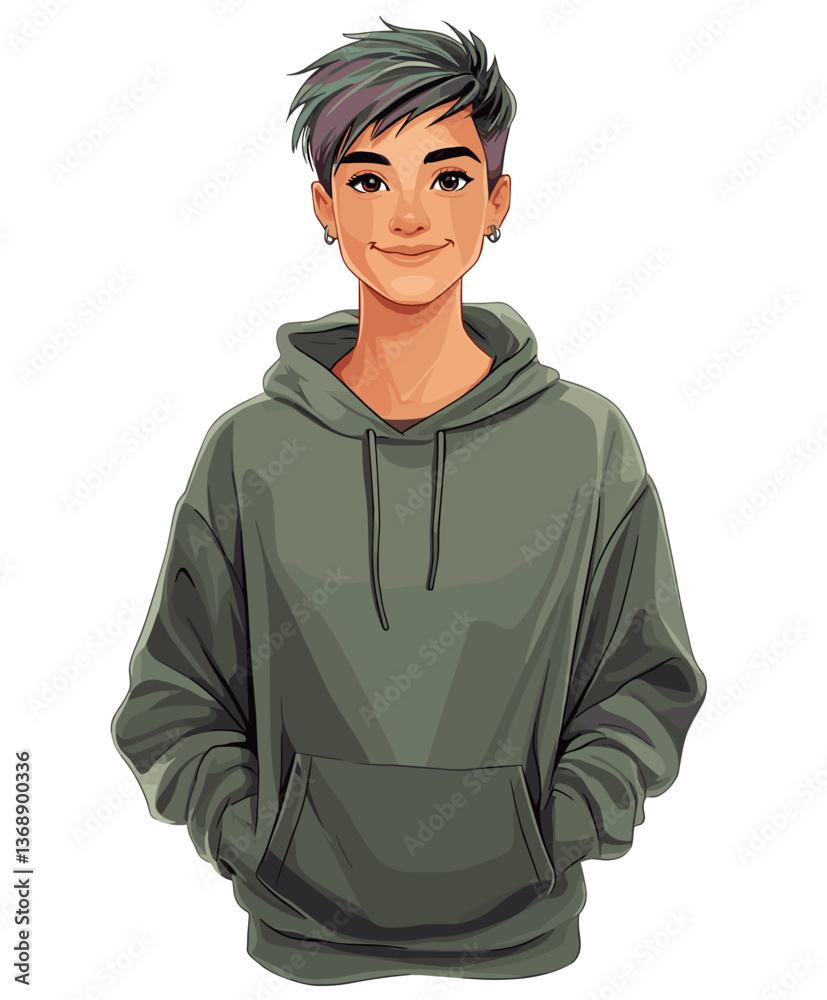 Trendy non-binary young person in casual hoodie with stylish short dyed hair stands confidently in urban setting