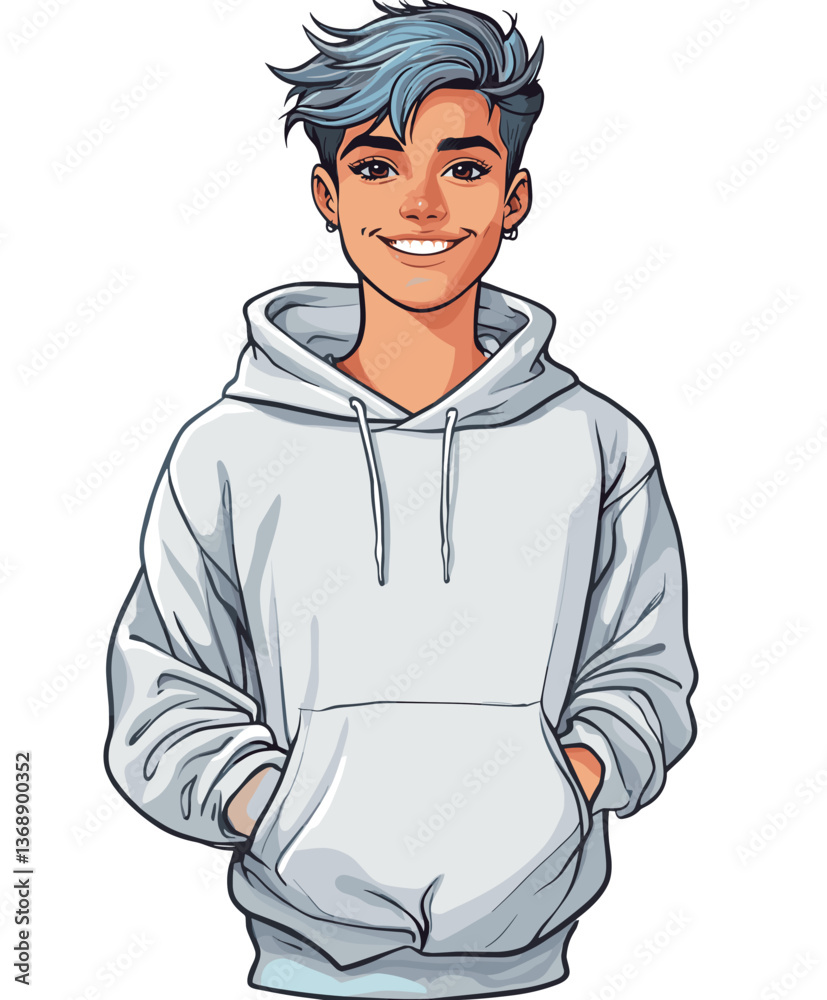 Trendy non-binary young person with short dyed hair wearing a casual hoodie stands confidently against a simple background Trendy non-binary young person with short dyed hair wearing a casual hoodie stands confidently against a simple background