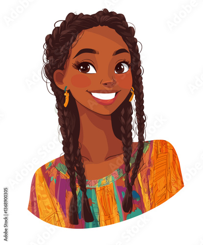 Cheerful young woman with braided hair enjoys warm day in colorful outfit with vibrant patterns and bright smile